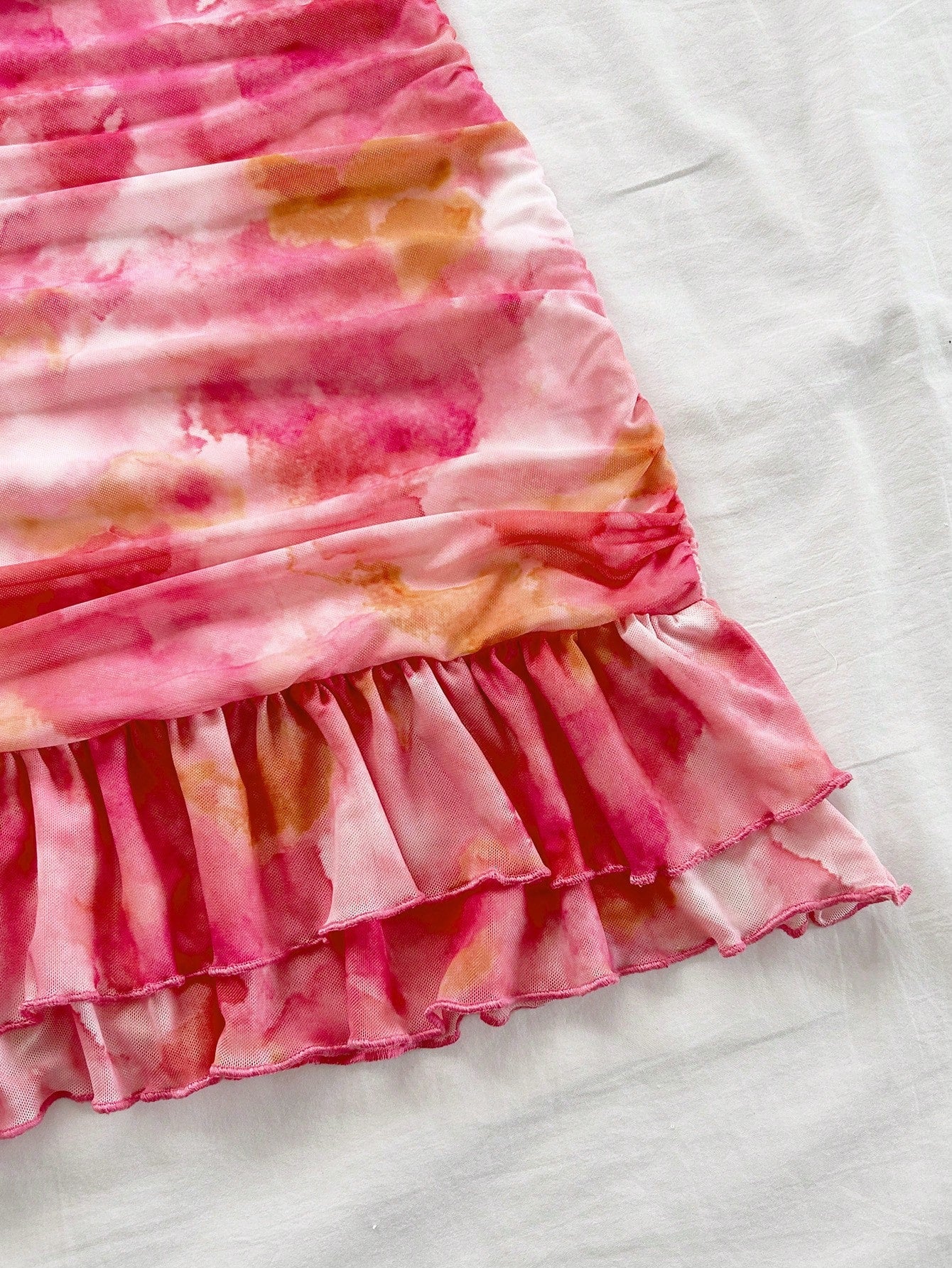Soleia Women's Tie Dye Print Asymmetric Shoulder Ruffled Fitted Layered Mini Dress,Pink And White,Summer,Girly,Night Out,Party,No Chest Padding