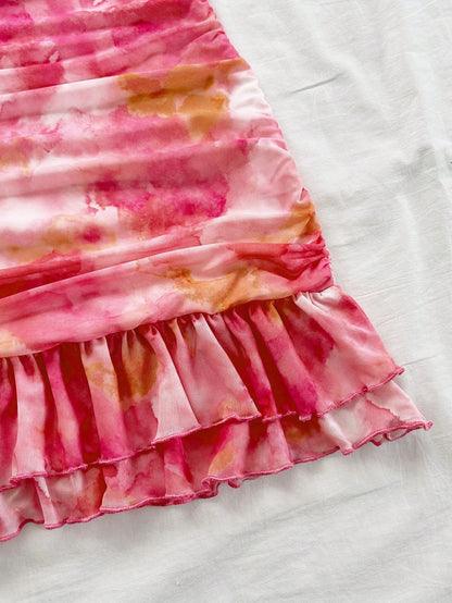 Soleia Women's Tie Dye Print Asymmetric Shoulder Ruffled Fitted Layered Mini Dress,Pink And White,Summer,Girly,Night Out,Party,No Chest Padding