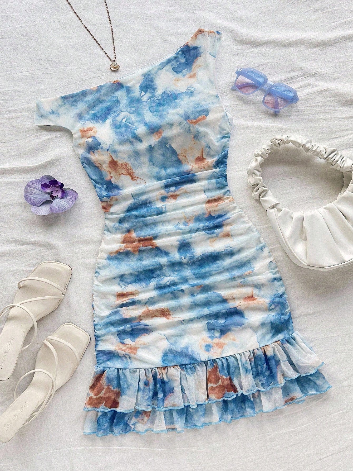 Soleia Women's Tie Dye Print Asymmetric Shoulder Ruffled Fitted Layered Mini Dress,Pink And White,Summer,Girly,Night Out,Party,No Chest Padding