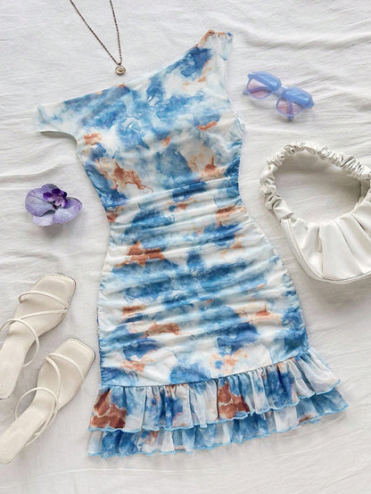 Soleia Women's Tie Dye Print Asymmetric Shoulder Ruffled Fitted Layered Mini Dress,Pink And White,Summer,Girly,Night Out,Party,No Chest Padding