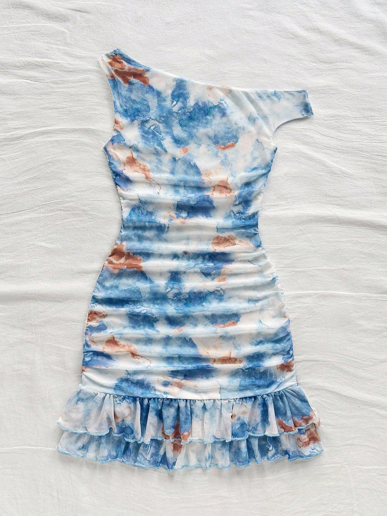 Soleia Women's Tie Dye Print Asymmetric Shoulder Ruffled Fitted Layered Mini Dress,Pink And White,Summer,Girly,Night Out,Party,No Chest Padding