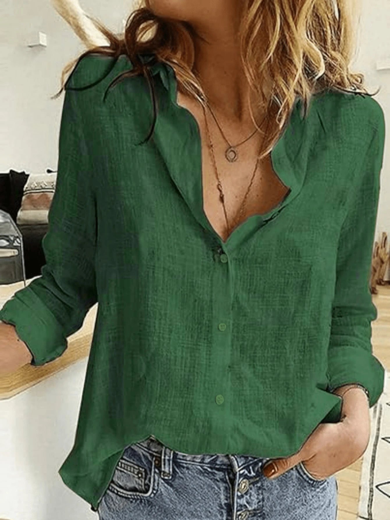 Solid Button-Down Shirt, Elegant Long Sleeve Collared Shirt Spring, For Women