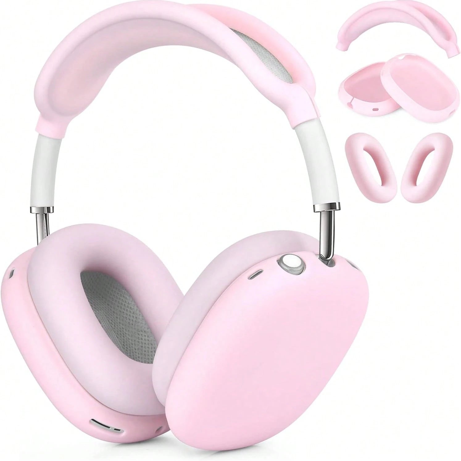 Solid Pink Color Material Silicone 3-In-1 AirPodsMax Silicone Protective Cover, Scratch Resistant Ear Pad Protective Cover/Ear Cup Protective Cover/Headband Protective Cover Spring Gift
