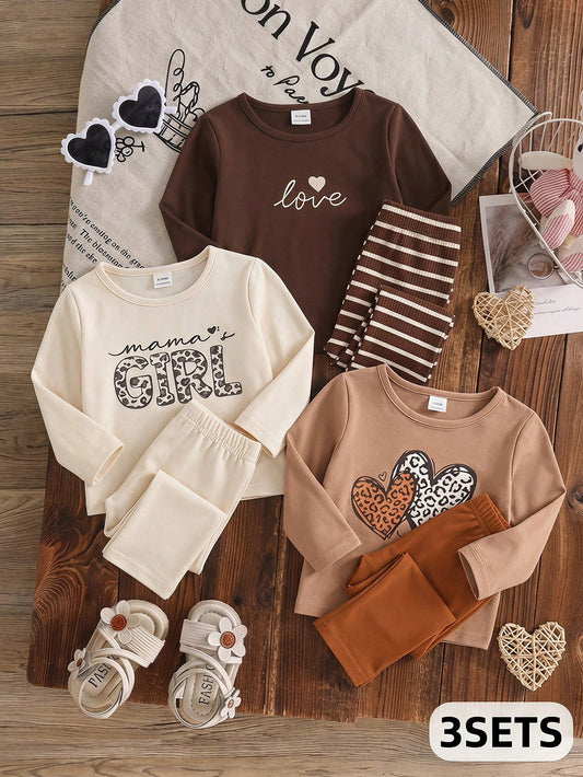 Souflis Souflis 3Sets Toddler Baby Girl Kid Casual Chic Leopard Heart Letter Print Striped Long Sleeve Soft 2 Piece Outfits Top And Pants Set Daily Wear Fall Spring