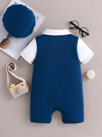 Souflis Souflis Baby Boy 2 In 1 Splice Vest Jumpsuit With Hat, Gentleman Outfits