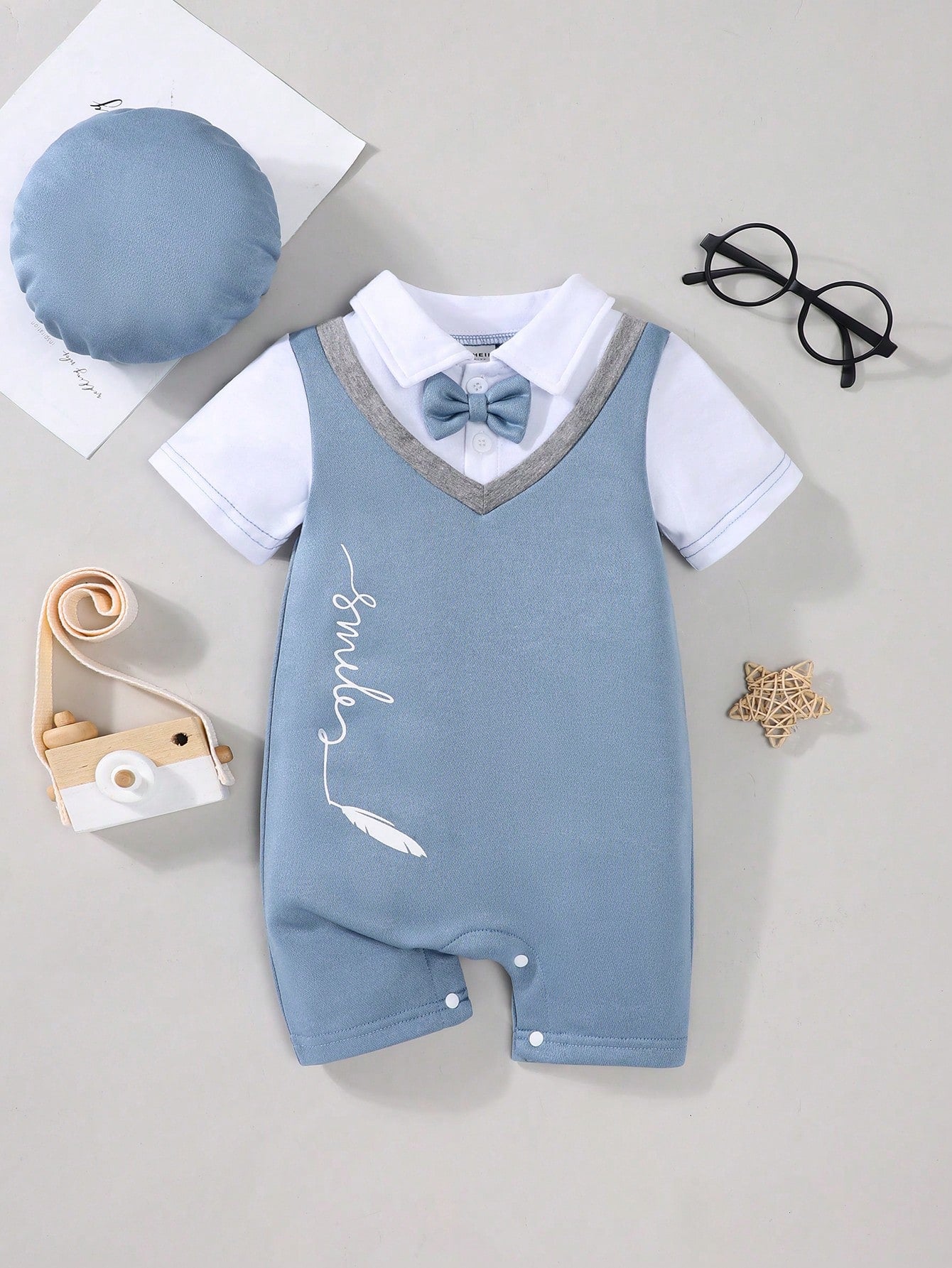 Souflis Souflis Baby Boy 2 In 1 Splice Vest Jumpsuit With Hat, Gentleman Outfits
