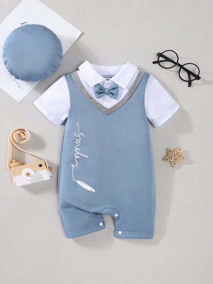 Souflis Souflis Baby Boy 2 In 1 Splice Vest Jumpsuit With Hat, Gentleman Outfits