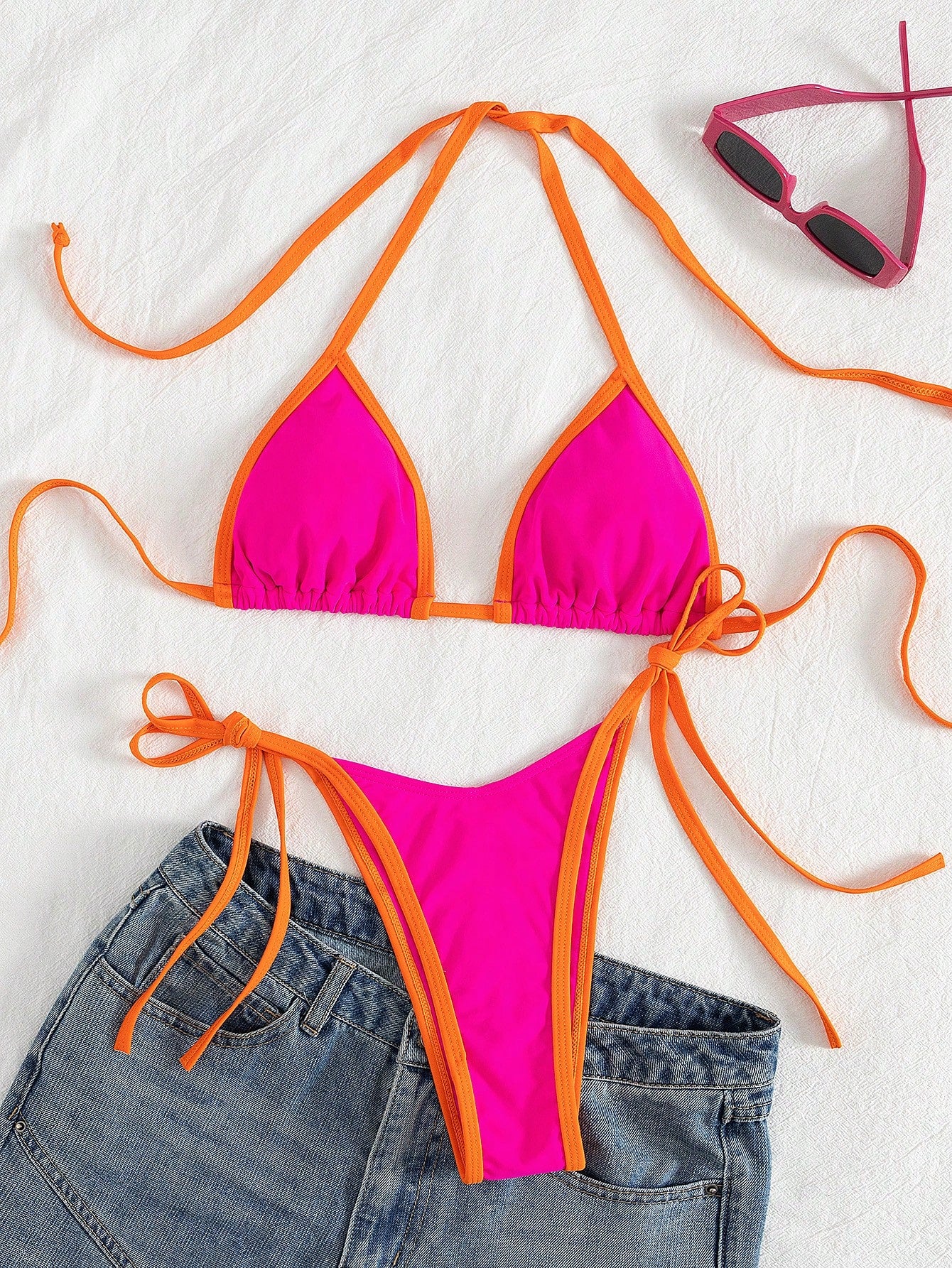 Spring Break Women's Colorblock Sexy Halter Tie Bikini Beach Vacation Swimwear Set Summer