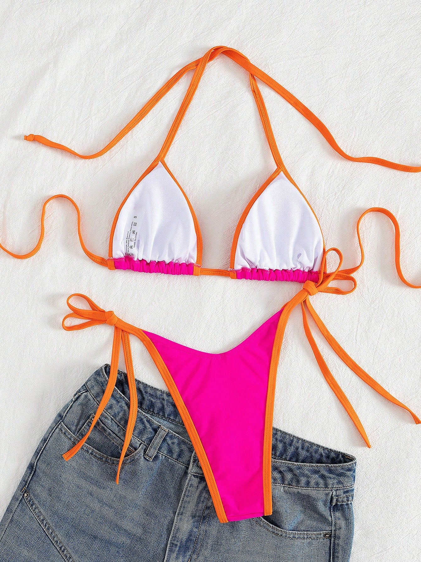 Spring Break Women's Colorblock Sexy Halter Tie Bikini Beach Vacation Swimwear Set Summer