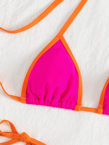 Spring Break Women's Colorblock Sexy Halter Tie Bikini Beach Vacation Swimwear Set Summer