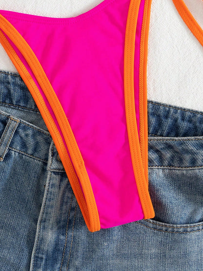 Spring Break Women's Colorblock Sexy Halter Tie Bikini Beach Vacation Swimwear Set Summer
