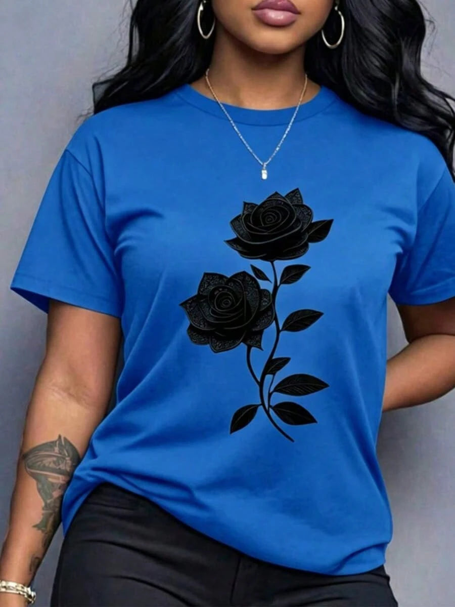 Spring Clothes Women's Clothing, Ladies Plus Size T-Shirt Black Rose Print- Casual Short Sleeve Round Neck Top, Medium Stretch Fabric, All-Season C