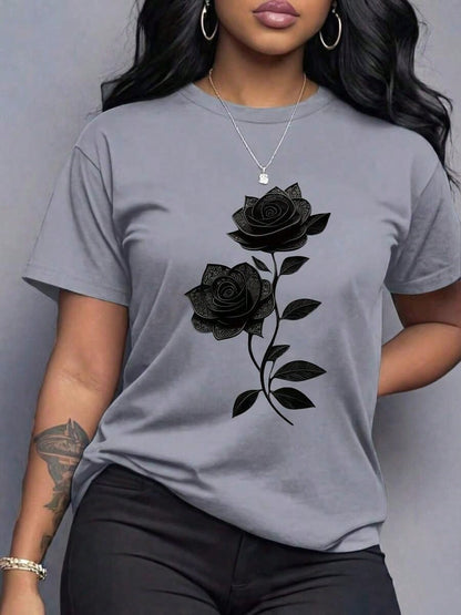 Spring Clothes Women's Clothing, Ladies Plus Size T-Shirt Black Rose Print- Casual Short Sleeve Round Neck Top, Medium Stretch Fabric, All-Season C