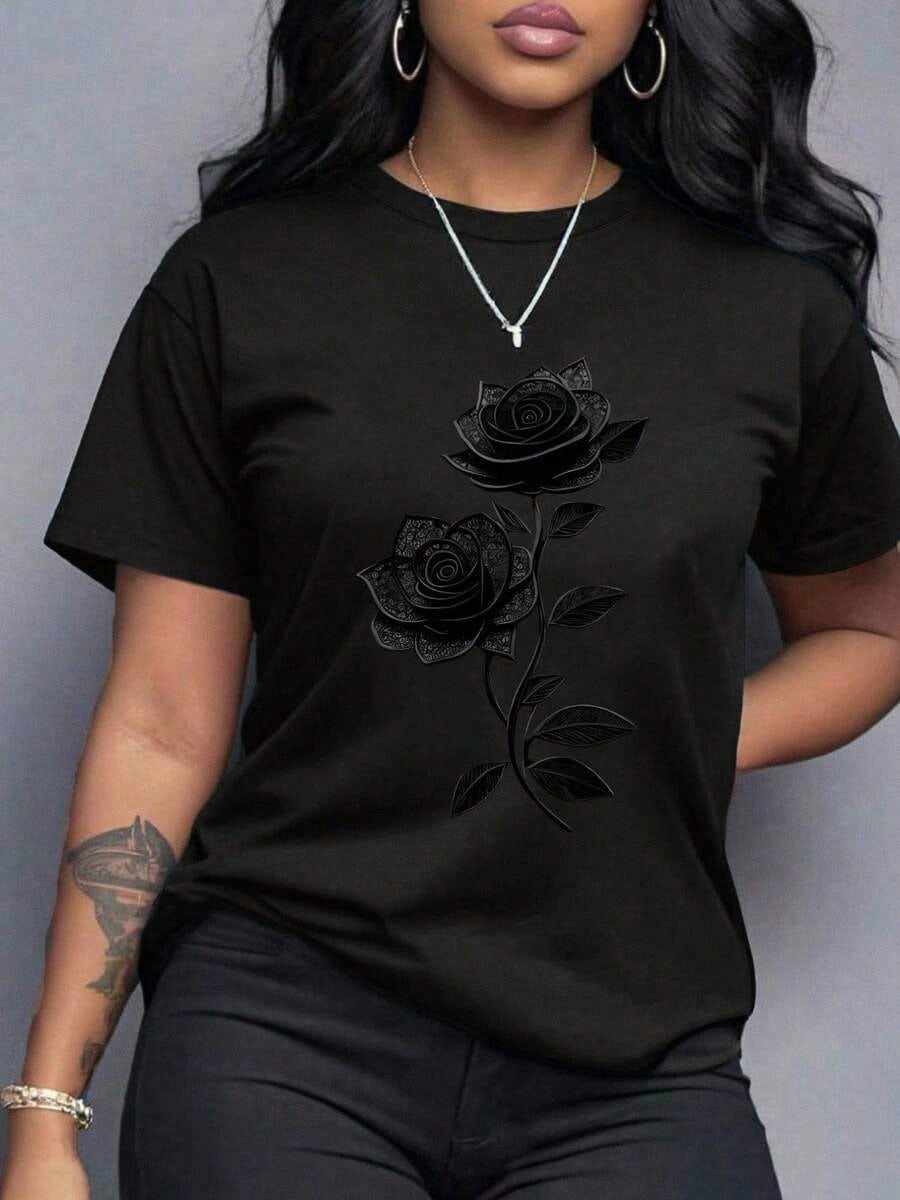 Spring Clothes Women's Clothing, Ladies Plus Size T-Shirt Black Rose Print- Casual Short Sleeve Round Neck Top, Medium Stretch Fabric, All-Season C