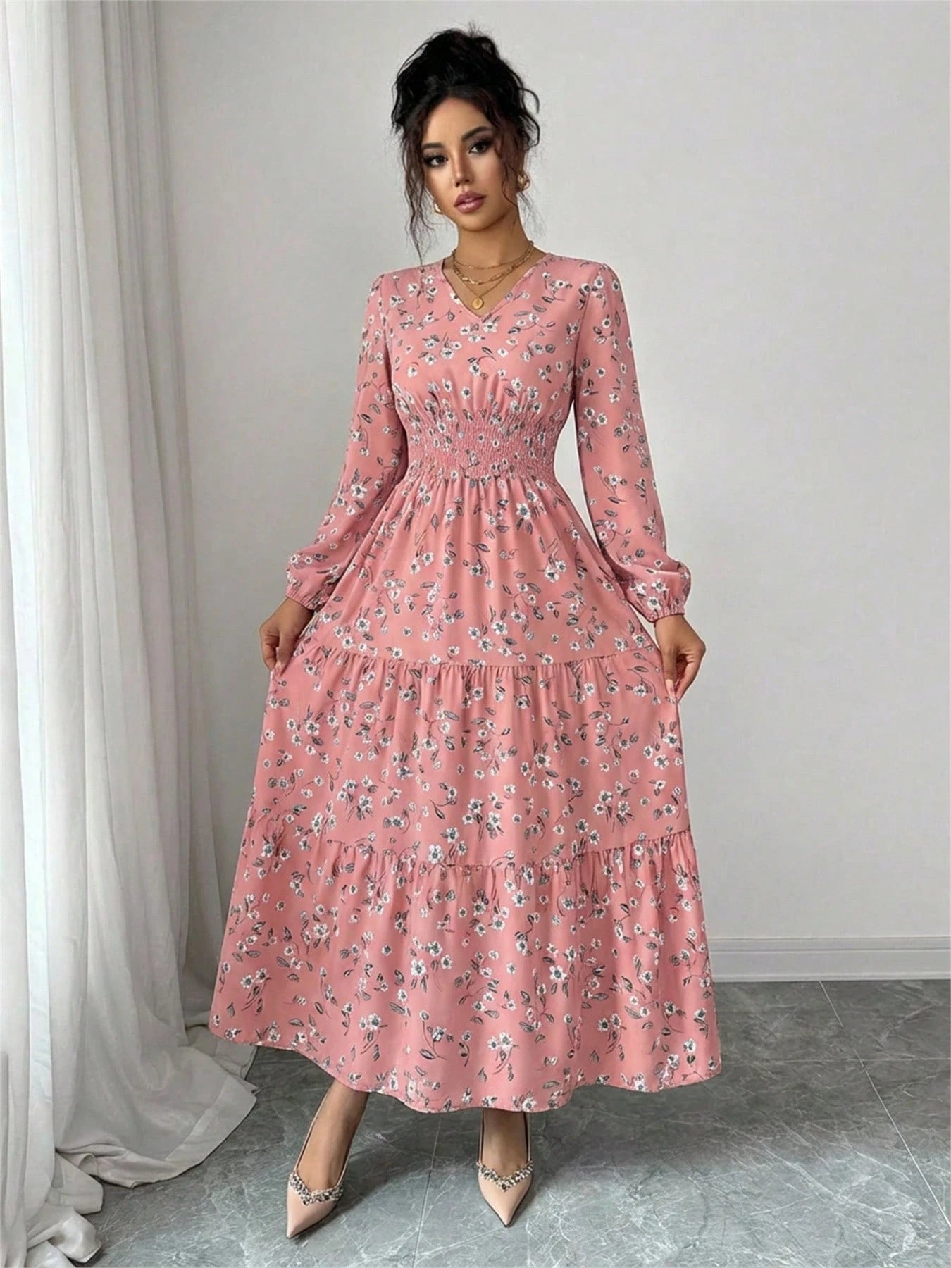 Spring Fall Floral Smocked Waist Dress Women's V-Neck Long Sleeve Ruffle Hem Casual Vacation Midi Dress