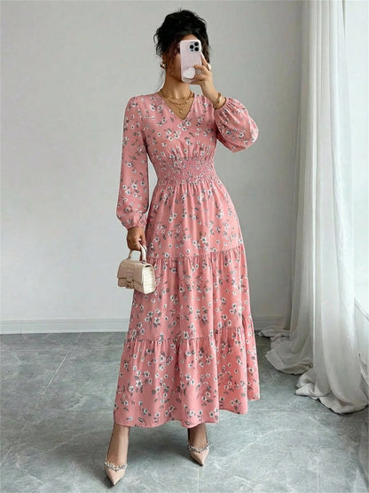 Spring Fall Floral Smocked Waist Dress Women's V-Neck Long Sleeve Ruffle Hem Casual Vacation Midi Dress