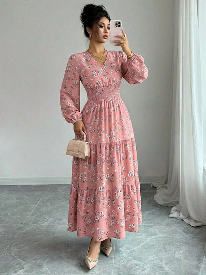 Spring Fall Floral Smocked Waist Dress Women's V-Neck Long Sleeve Ruffle Hem Casual Vacation Midi Dress