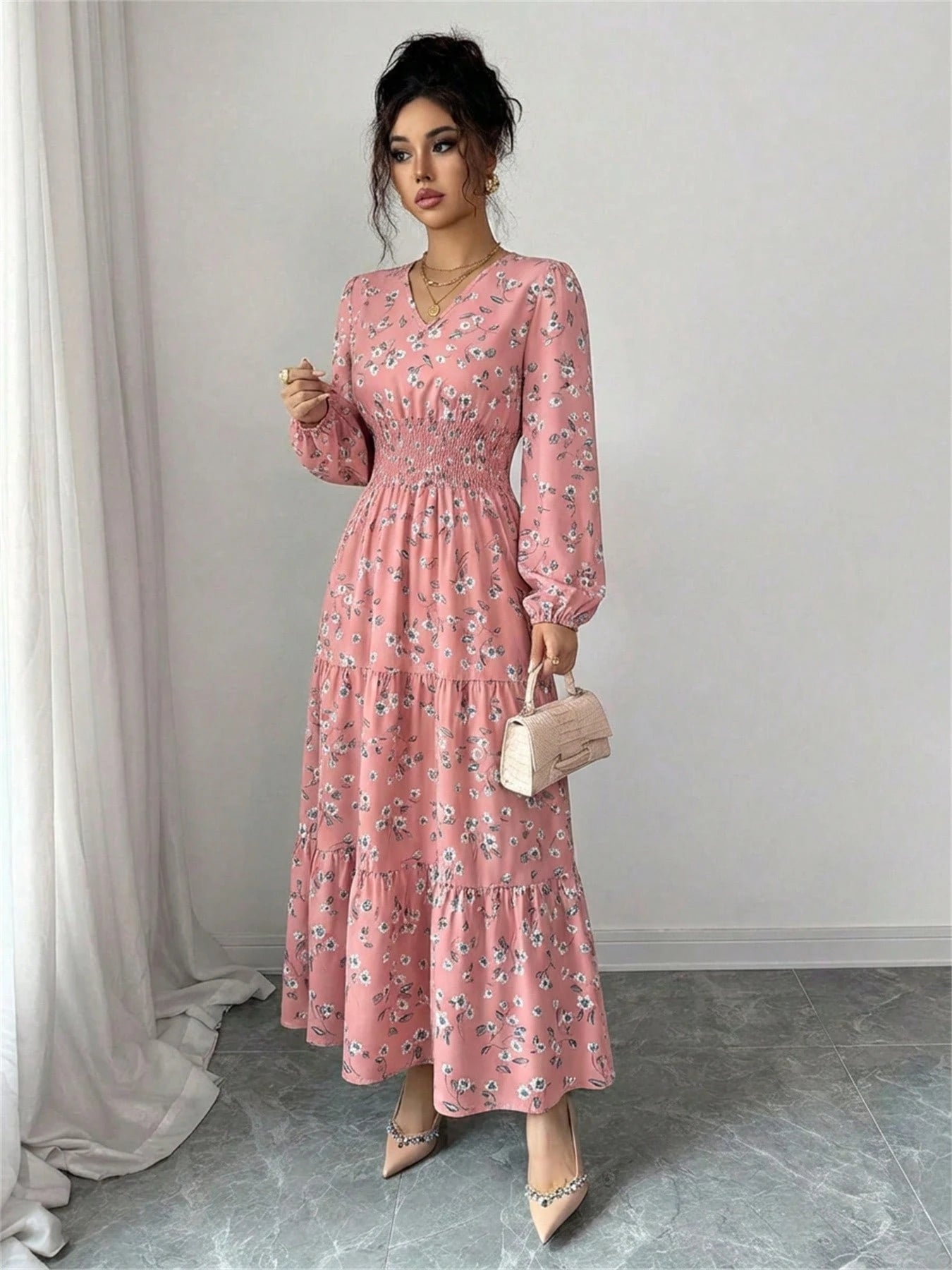 Spring Fall Floral Smocked Waist Dress Women's V-Neck Long Sleeve Ruffle Hem Casual Vacation Midi Dress