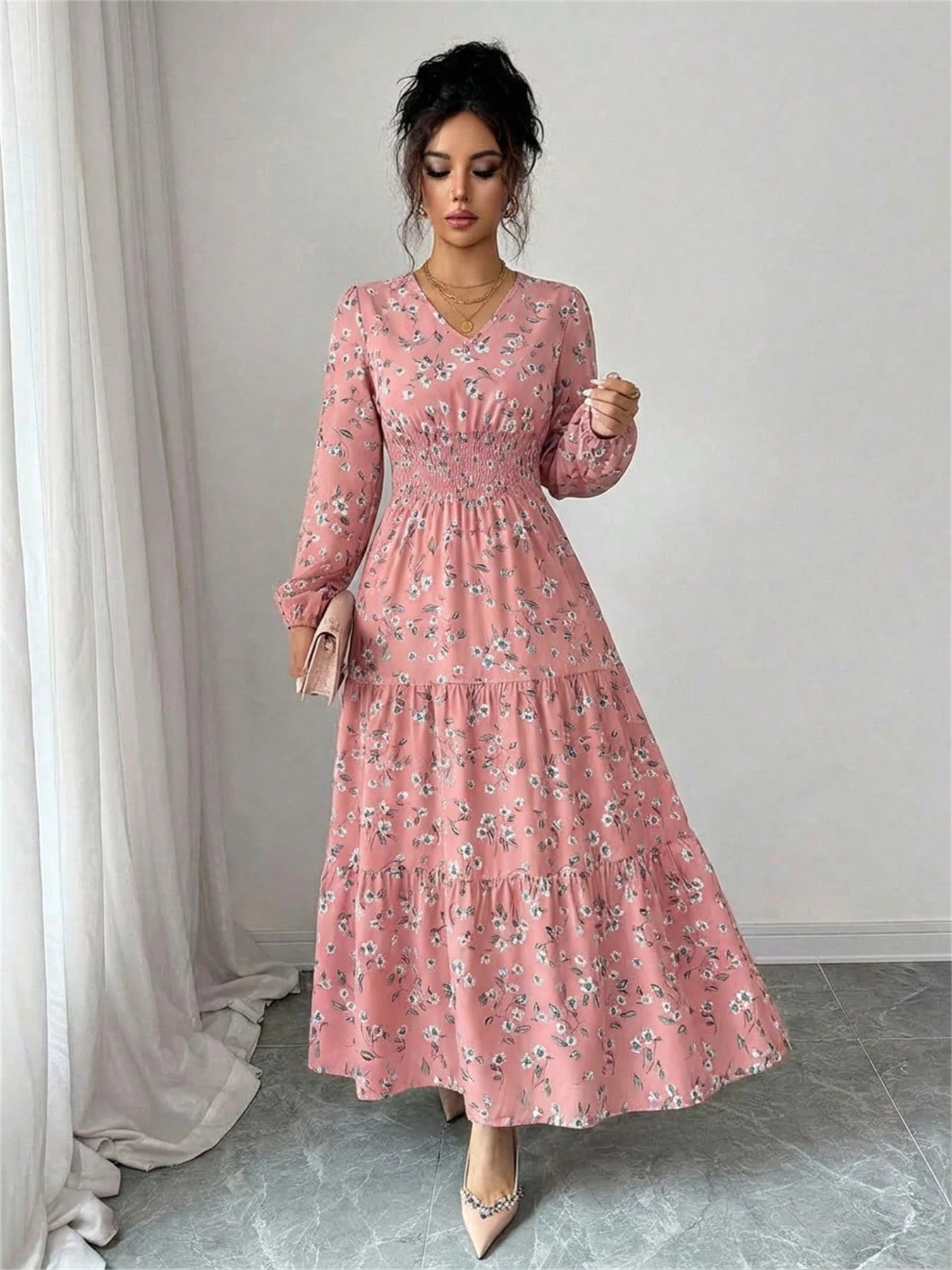 Spring Fall Floral Smocked Waist Dress Women's V-Neck Long Sleeve Ruffle Hem Casual Vacation Midi Dress