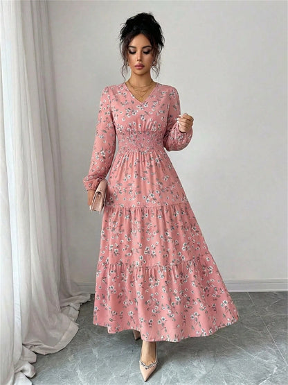 Spring Fall Floral Smocked Waist Dress Women's V-Neck Long Sleeve Ruffle Hem Casual Vacation Midi Dress