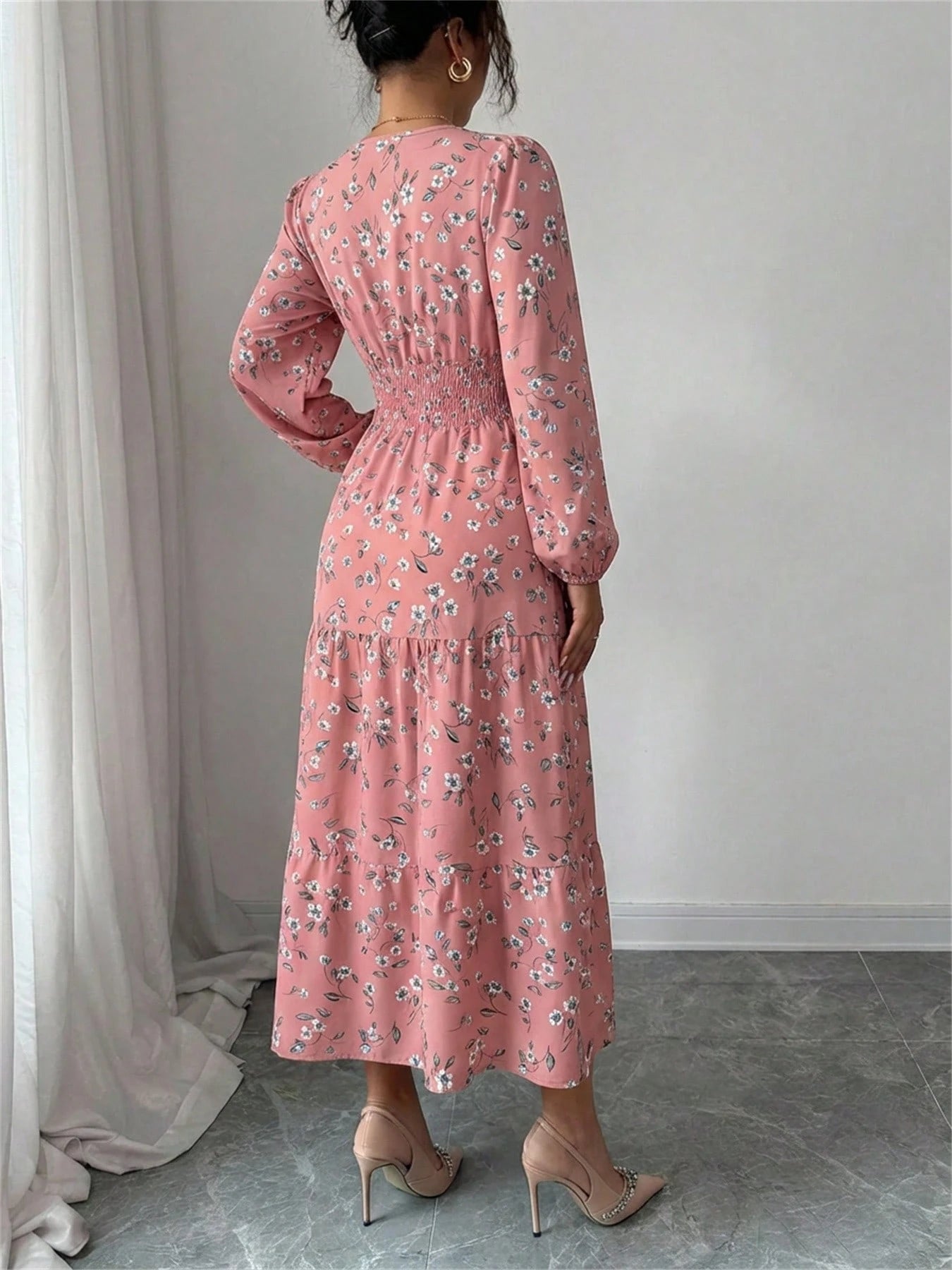 Spring Fall Floral Smocked Waist Dress Women's V-Neck Long Sleeve Ruffle Hem Casual Vacation Midi Dress