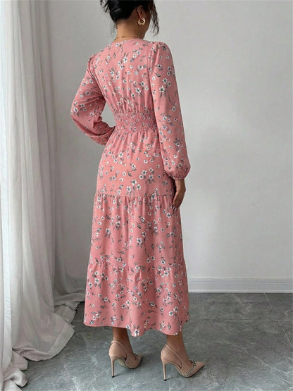 Spring Fall Floral Smocked Waist Dress Women's V-Neck Long Sleeve Ruffle Hem Casual Vacation Midi Dress