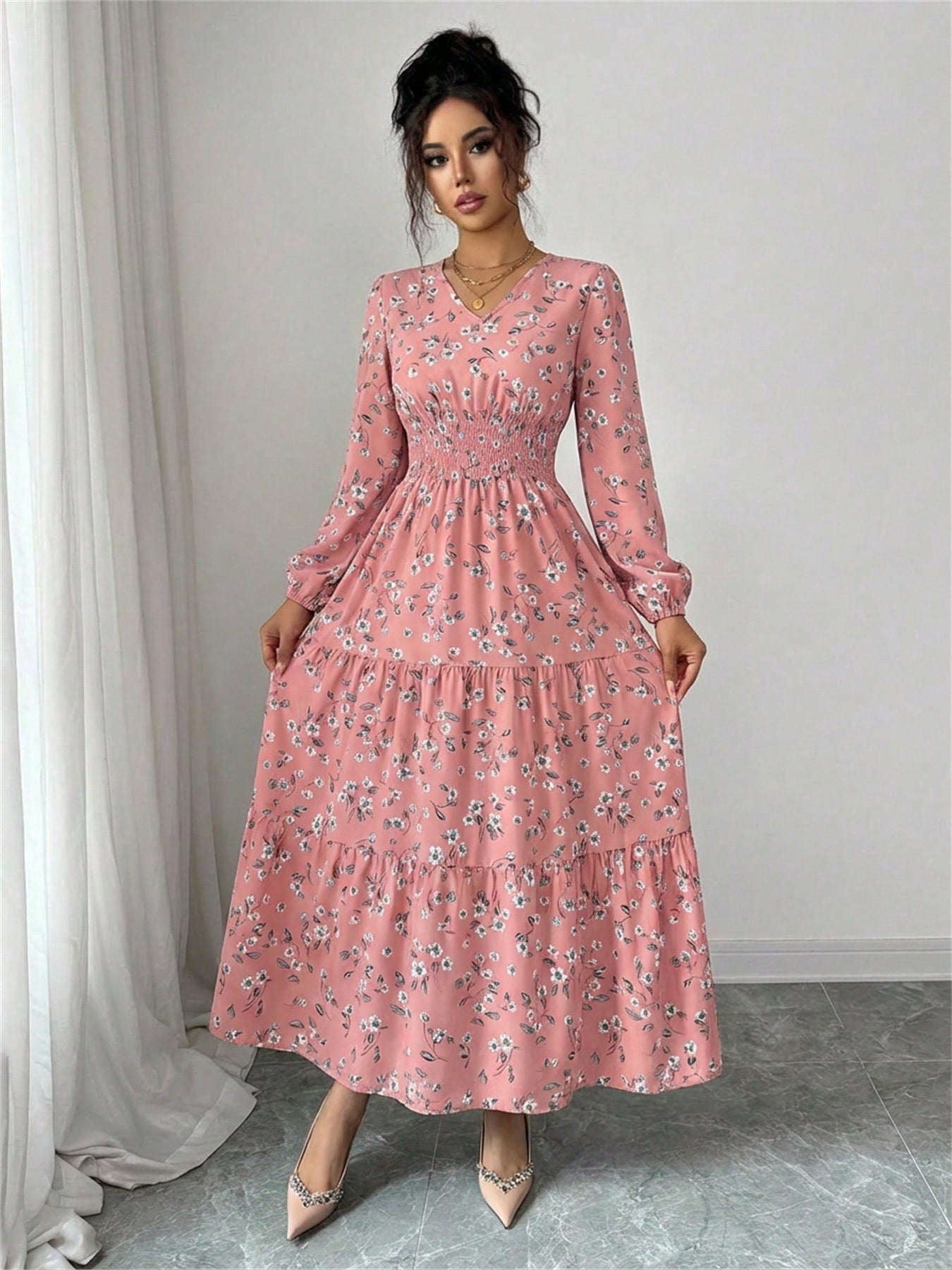 Spring Fall Floral Smocked Waist Dress Women's V-Neck Long Sleeve Ruffle Hem Casual Vacation Midi Dress