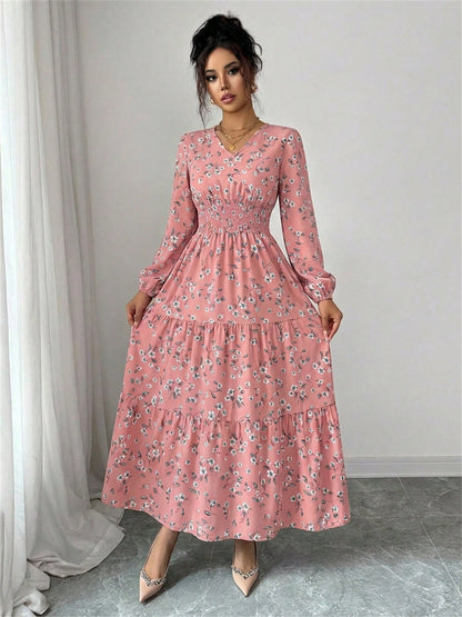 Spring Fall Floral Smocked Waist Dress Women's V-Neck Long Sleeve Ruffle Hem Casual Vacation Midi Dress