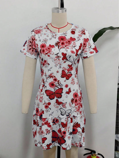 Spring/Summer Best-Seller Versatile New Arrival Fresh Butterfly & Floral Print Dress For Dating, Home, Vacation, Camping, Women's Dress Elegant Red