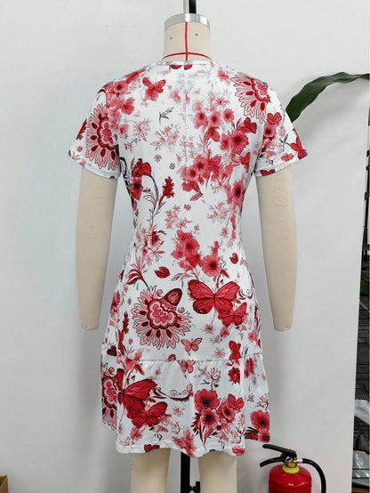 Spring/Summer Best-Seller Versatile New Arrival Fresh Butterfly & Floral Print Dress For Dating, Home, Vacation, Camping, Women's Dress Elegant Red