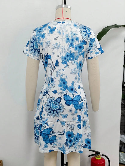 Spring/Summer Best-Seller Versatile New Arrival Fresh Butterfly & Floral Print Dress For Dating, Home, Vacation, Camping, Women's Dress Elegant Red