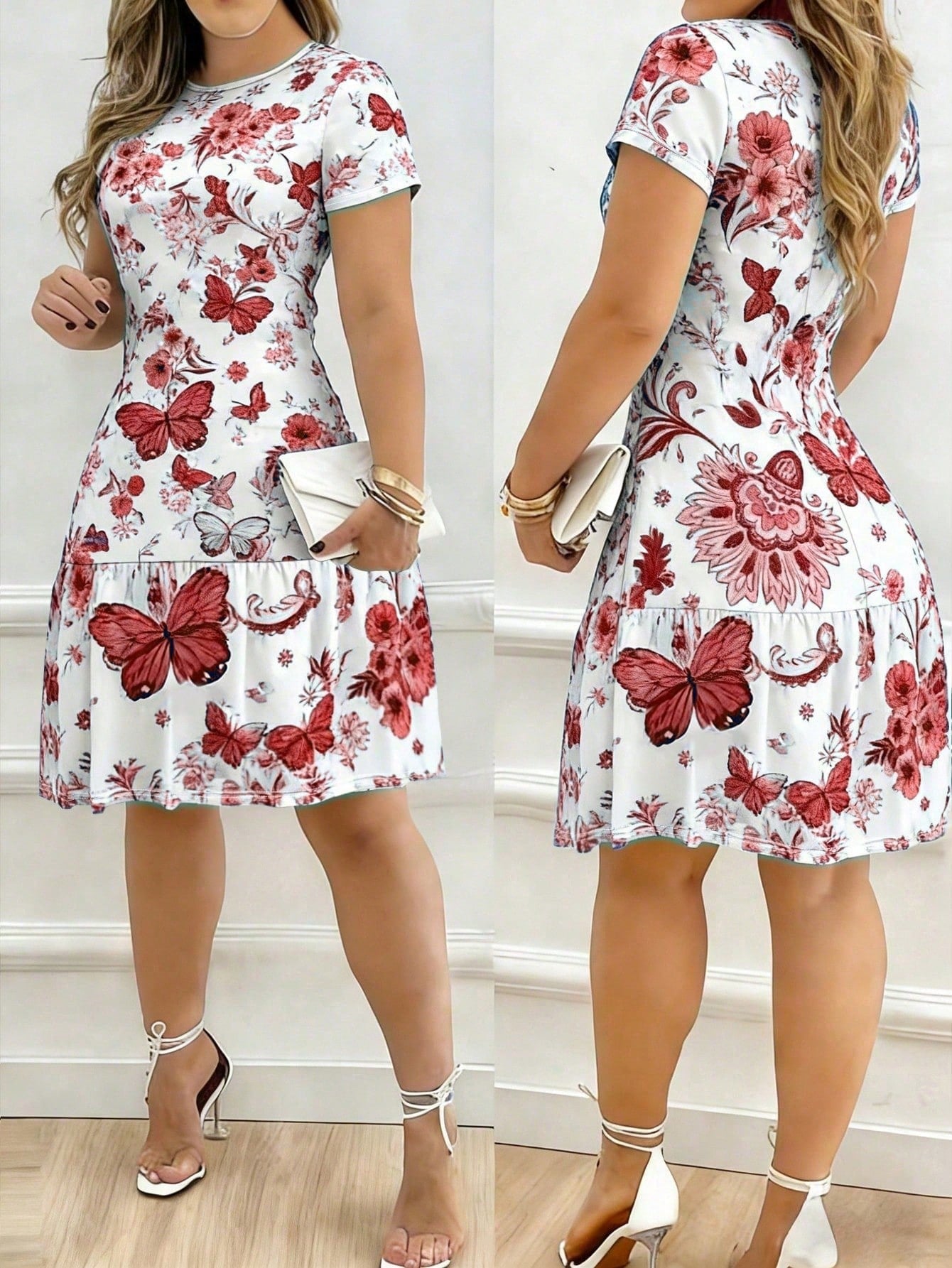 Spring/Summer Best-Seller Versatile New Arrival Fresh Butterfly & Floral Print Dress For Dating, Home, Vacation, Camping, Women's Dress Elegant Red