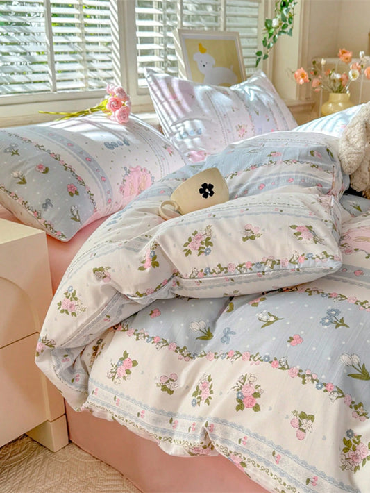 Spring/Summer Ditsy Floral Duvet Cover 4-Piece Set, French Country Style, Includes 1 Duvet Cover, 1 Bed Sheet, 2 Pillowcases, Duvet Insert And Pillow Insert Not Included, Pillowcase Pattern Randomly C