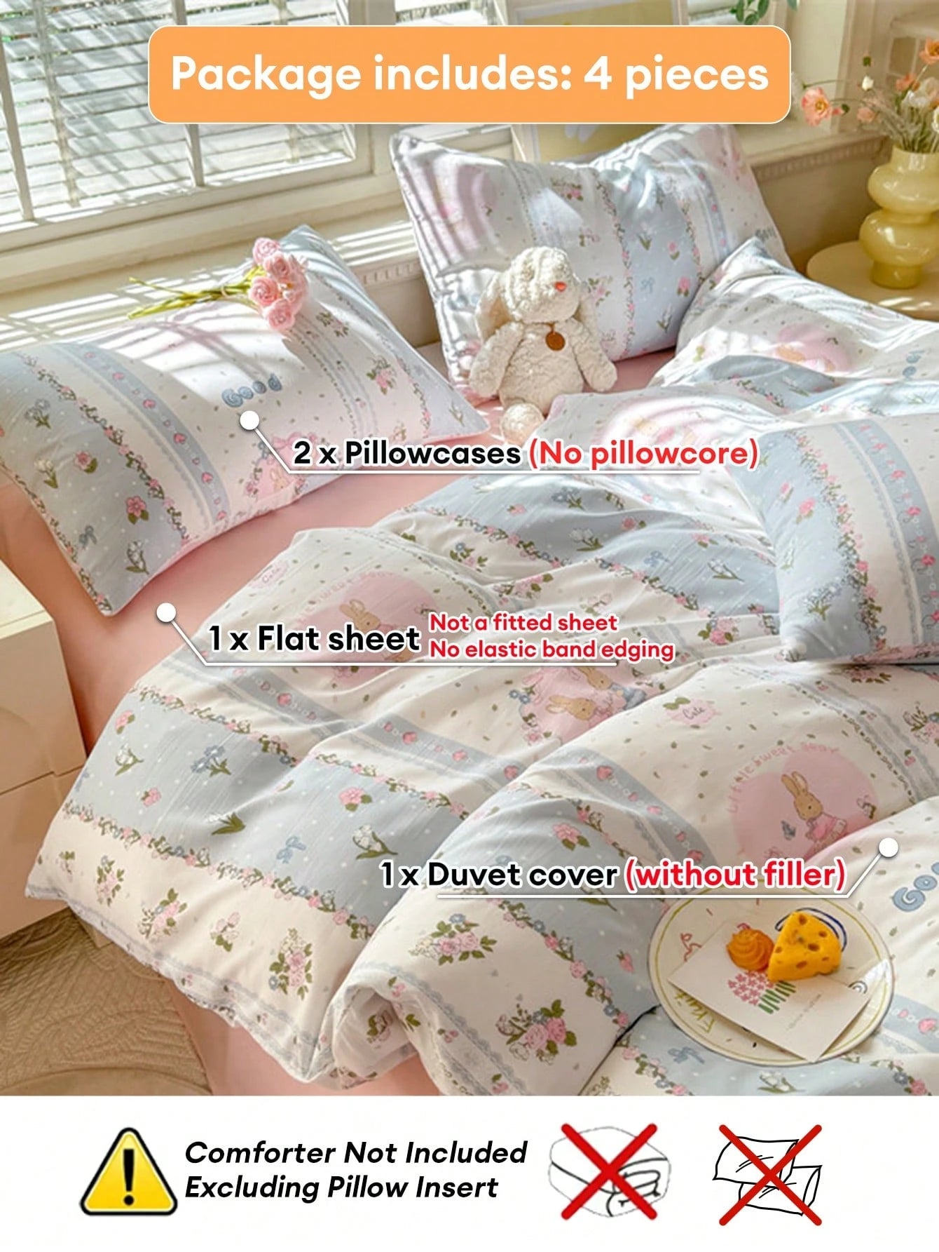 Spring/Summer Ditsy Floral Duvet Cover 4-Piece Set, French Country Style, Includes 1 Duvet Cover, 1 Bed Sheet, 2 Pillowcases, Duvet Insert And Pillow Insert Not Included, Pillowcase Pattern Randomly C