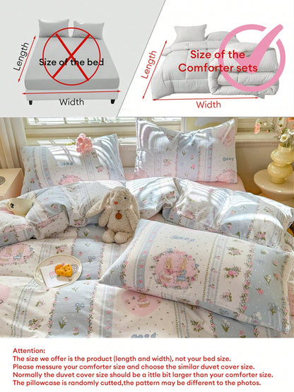 Spring/Summer Ditsy Floral Duvet Cover 4-Piece Set, French Country Style, Includes 1 Duvet Cover, 1 Bed Sheet, 2 Pillowcases, Duvet Insert And Pillow Insert Not Included, Pillowcase Pattern Randomly C