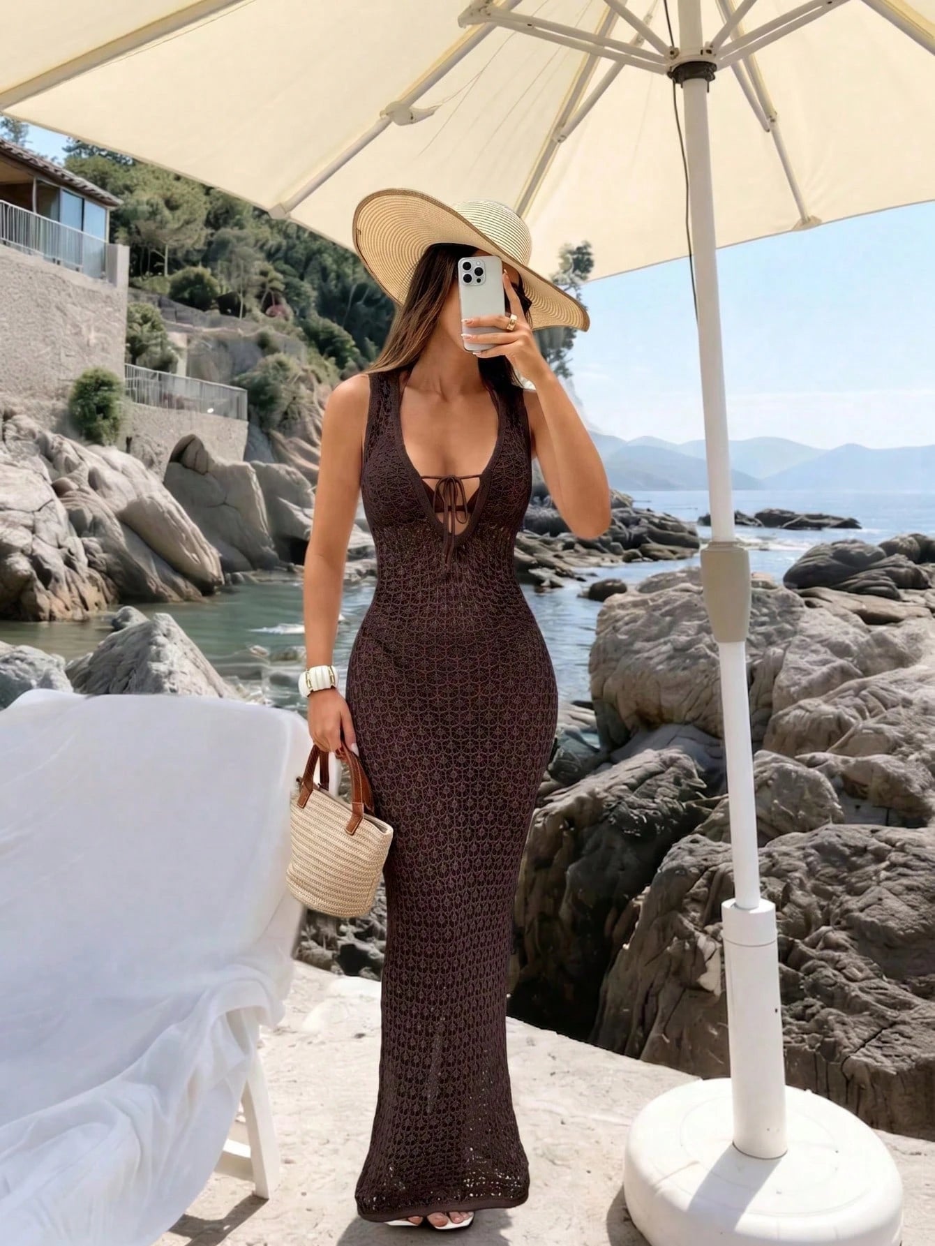 Spring/Summer New Women's Brown V-Neck Tie-Up Fitted Knit Maxi Dress, Y2K Bohemian Hollow Out Elegant Casual Beach Vacation Maxi Dress, Vacationcore