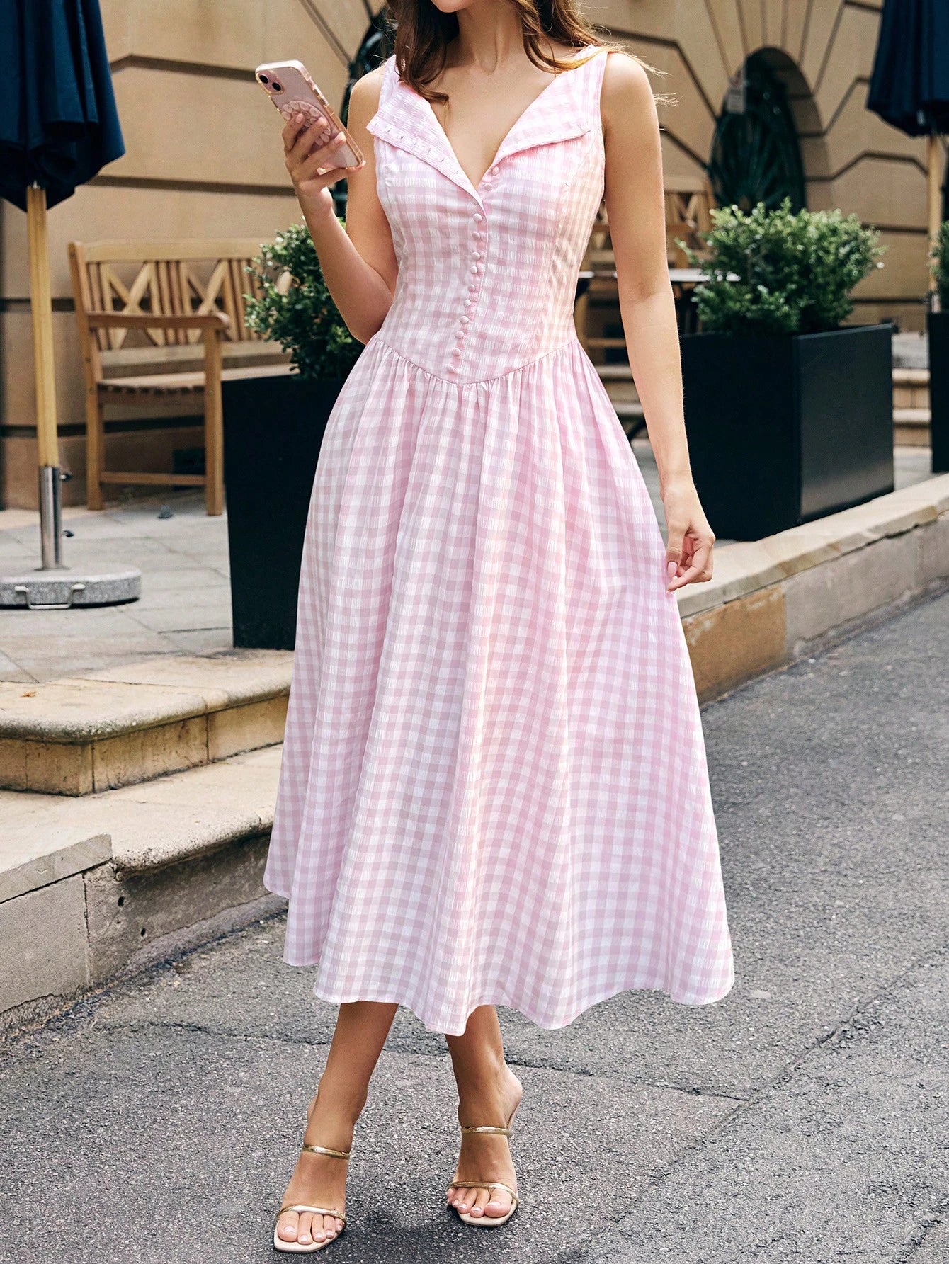 Spring/Summer Pink Plaid Off-Shoulder Dress, French Elegant Style, Valentine's Day, Vacation, Daily Wear