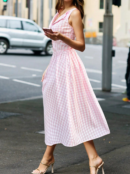Spring/Summer Pink Plaid Off-Shoulder Dress, French Elegant Style, Valentine's Day, Vacation, Daily Wear