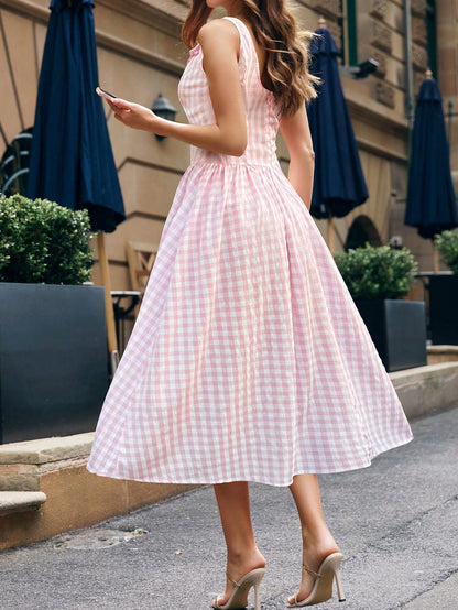 Spring/Summer Pink Plaid Off-Shoulder Dress, French Elegant Style, Valentine's Day, Vacation, Daily Wear