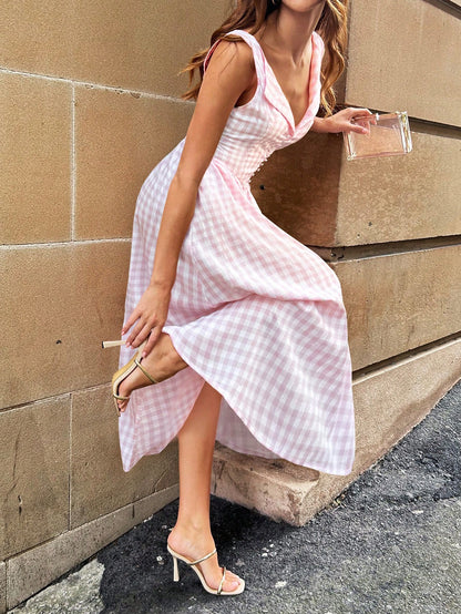 Spring/Summer Pink Plaid Off-Shoulder Dress, French Elegant Style, Valentine's Day, Vacation, Daily Wear