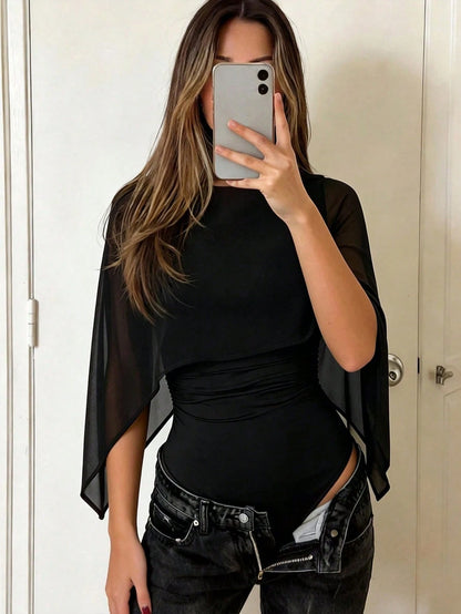 Spring/Summer Women's Romantic Elegant Fashion Chiffon Cape Design With Knit Ruched Lining, Bodycon Bodysuit For Dates And Parties Black, Date Night, Girls Night Out