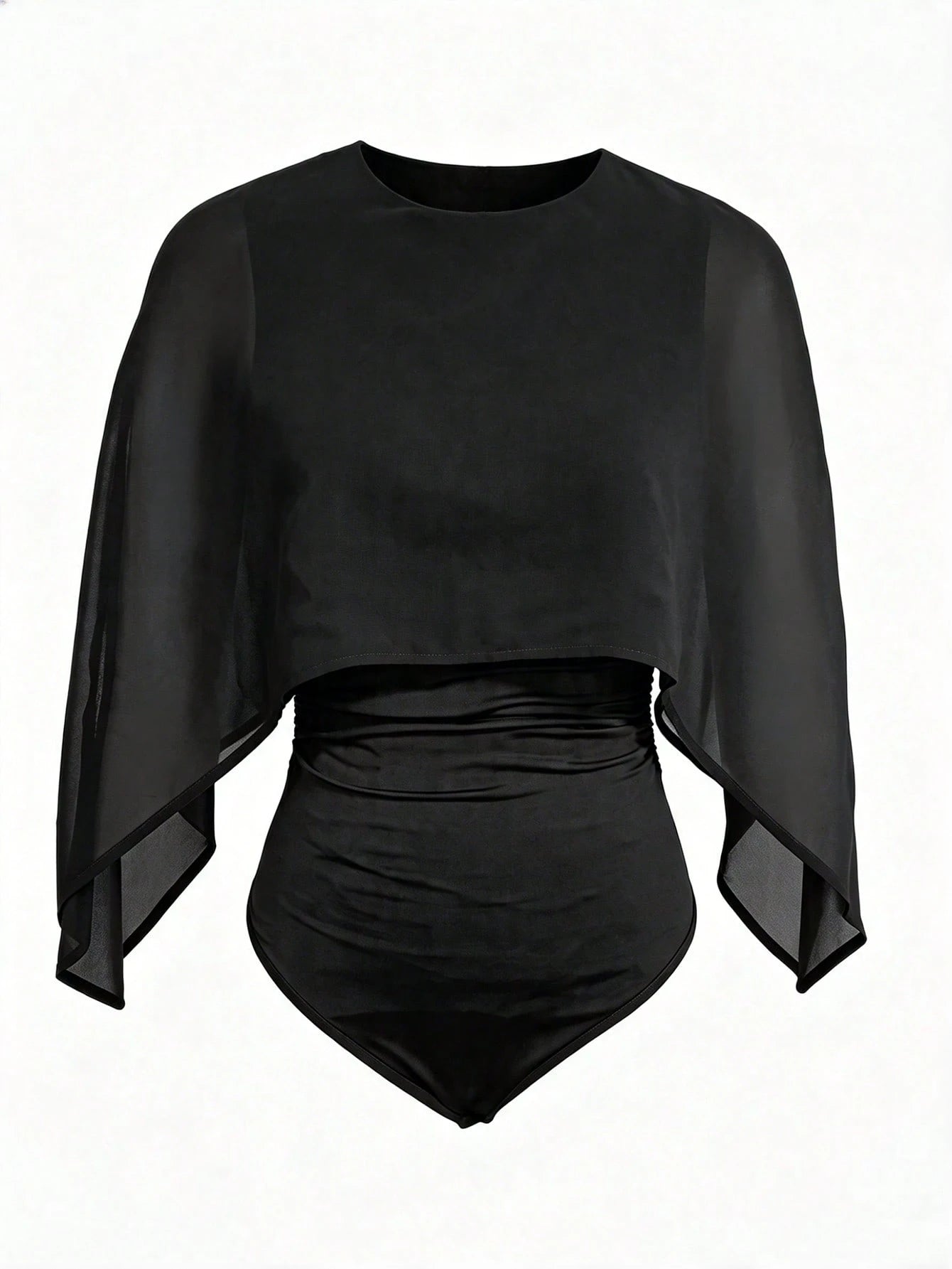 Spring/Summer Women's Romantic Elegant Fashion Chiffon Cape Design With Knit Ruched Lining, Bodycon Bodysuit For Dates And Parties Black, Date Night, Girls Night Out