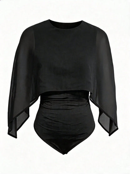 Spring/Summer Women's Romantic Elegant Fashion Chiffon Cape Design With Knit Ruched Lining, Bodycon Bodysuit For Dates And Parties Black, Date Night, Girls Night Out