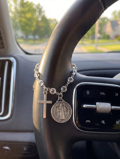 St Benedict Medal Cross Car Charm Blessed Travel Safety Amulet Religious Protective Car Interior Hanging Ornament Auto Steering Wheel Decor Handbag Charm For Women Perfect Christmas Thanksgiving New C