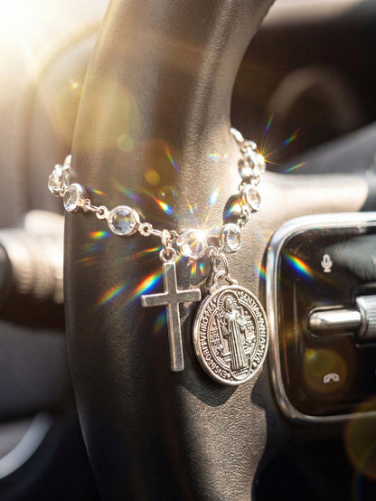 St Benedict Medal Cross Car Charm Blessed Travel Safety Amulet Religious Protective Car Interior Hanging Ornament Auto Steering Wheel Decor Handbag Charm For Women Perfect Christmas Thanksgiving New C