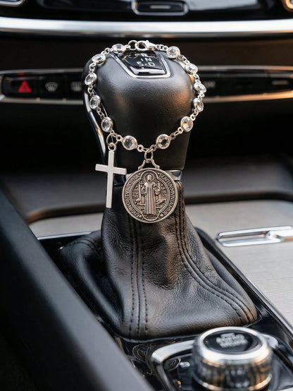 St Benedict Medal Cross Car Charm Blessed Travel Safety Amulet Religious Protective Car Interior Hanging Ornament Auto Steering Wheel Decor Handbag Charm For Women Perfect Christmas Thanksgiving New C