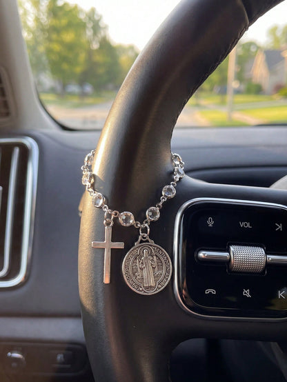 St Benedict Medal Cross Car Charm Blessed Travel Safety Amulet Religious Protective Car Interior Hanging Ornament Auto Steering Wheel Decor Handbag Charm For Women Perfect Christmas Thanksgiving New C