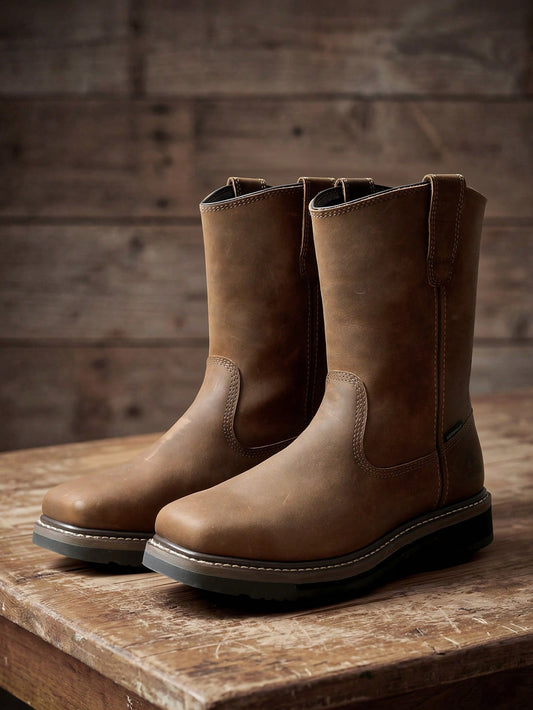 Steel Toe Waterproof Work Boots For Men – Pull-On Wellington Construction & Farming Boots In Full-Grain Leather