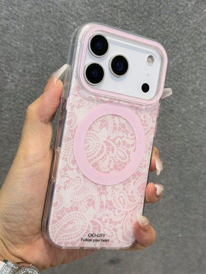 Stylish Double Color Stripe Floral Magnetic Wireless Charging Phone Case Compatible With IPhone 17Air 16 15 14 13 Pro Max Shockproof Back Cover