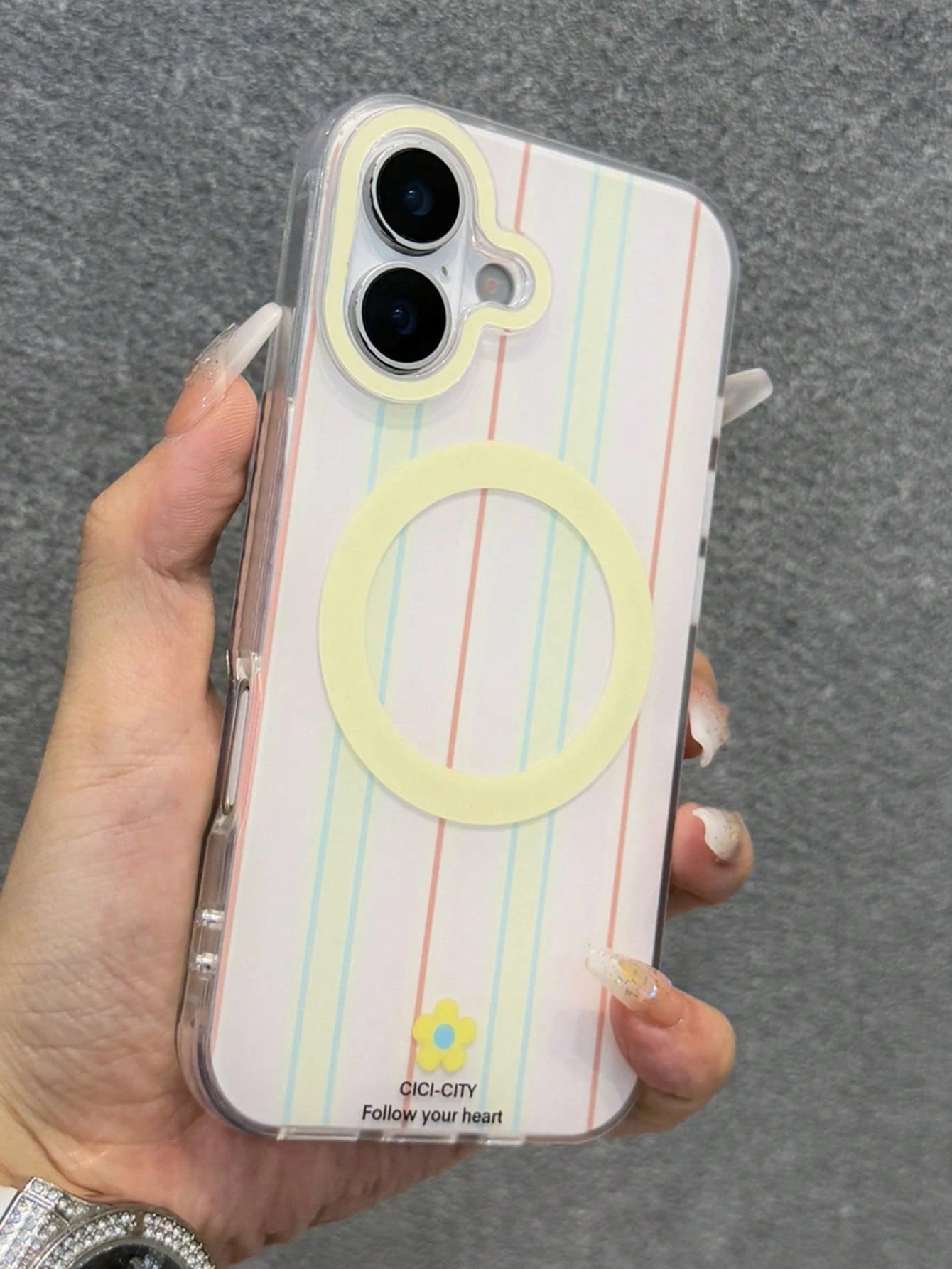 Stylish Double Color Stripe Floral Magnetic Wireless Charging Phone Case Compatible With IPhone 17Air 16 15 14 13 Pro Max Shockproof Back Cover